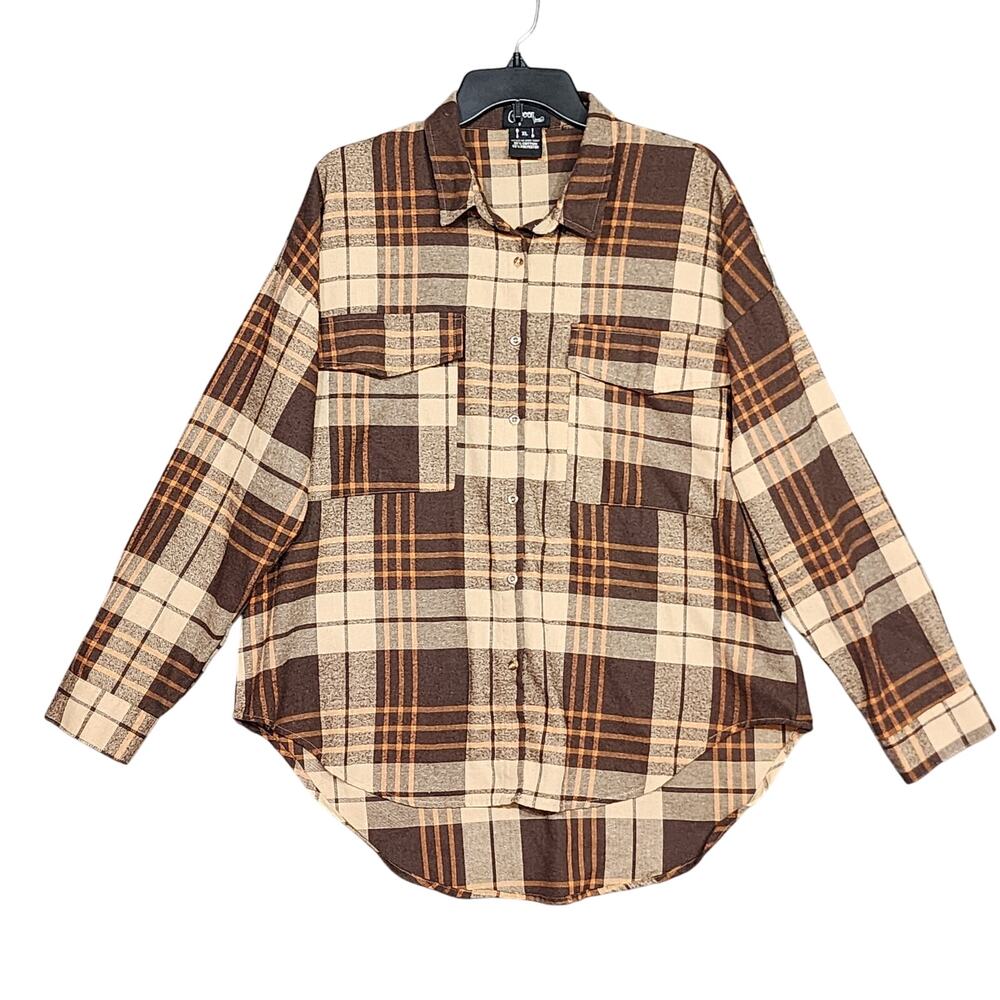 Spoon Jeans Plaid Flannel Button Up Shirt XL High Low Brown Plaid  Round Hem‎